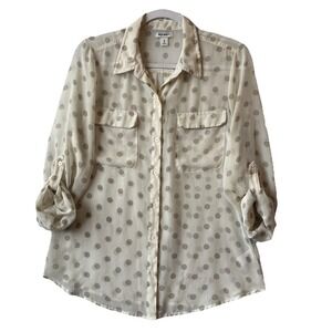 Old Navy Sheer Polka Dot 3/4 Roll Tab Sleeve‎ Button Up Pocket Top M Retro Chic